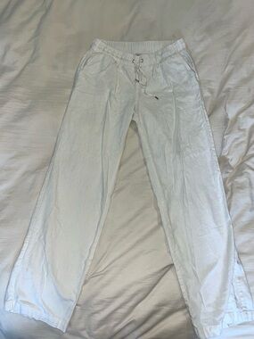 Anne Klein Linen White Drawstring Wide-Leg Pants
